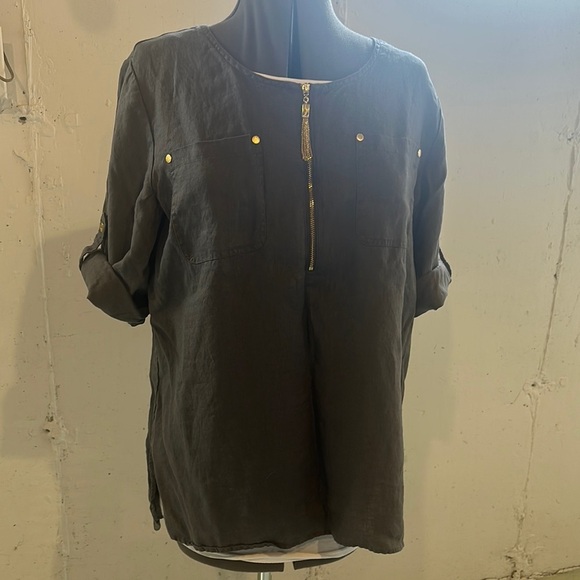 Ellen Tracy linen grey gold Boxy Blouse with Cuffed Sleeves and round  Collar - Picture 1 of 10
